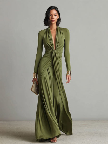 Olive Green Long Silk Stretch Dress with Deep V-Neck and Ruffled Details, Glamour Maxi Dress