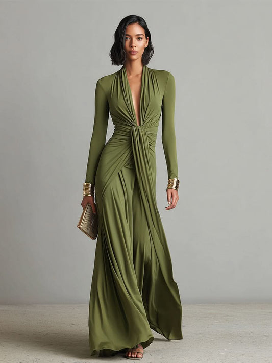 Olive Green Long Silk Stretch Dress with Deep V-Neck and Ruffled Details, Glamour Maxi Dress
