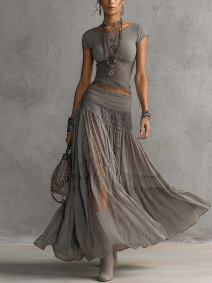 Elena Lace-Paneled Top and Pleated Maxi Skirt Set