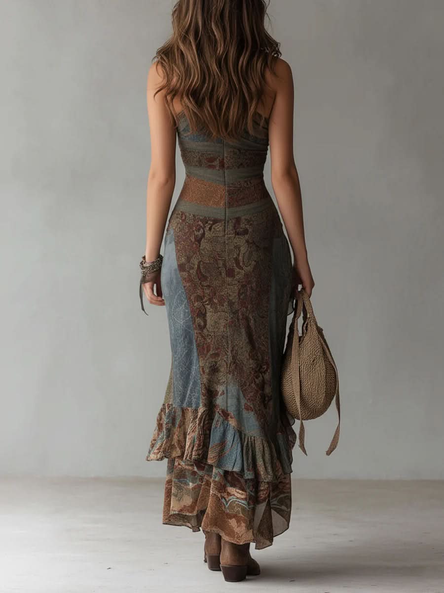 Karen ∙ Long one-shoulder printed dress in ethnic style with high slit