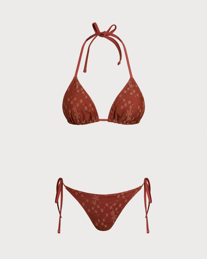 Red Halter Mesh Drawstring Bikini Set
