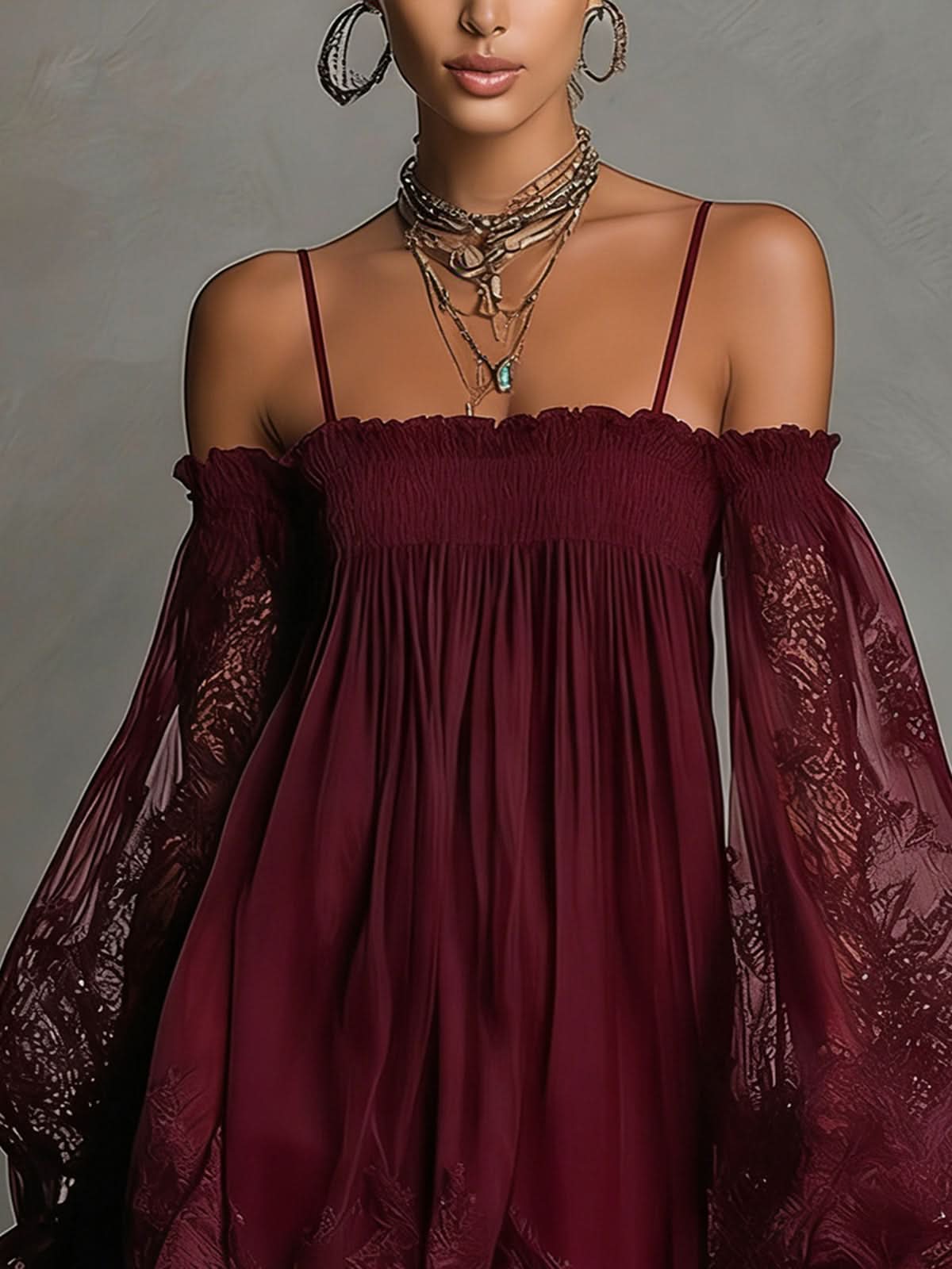 Betty • Navy blue mini dress with off-shoulder neckline, lace trim, and sheer sleeves
