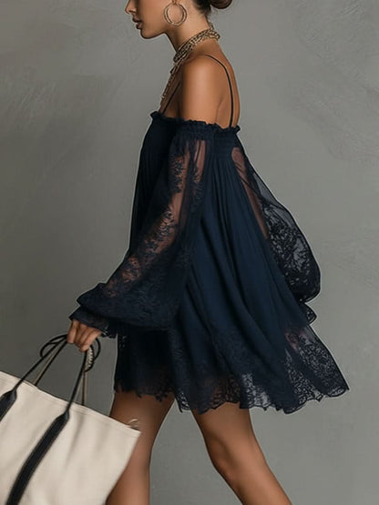 Betty • Navy blue mini dress with off-shoulder neckline, lace trim, and sheer sleeves