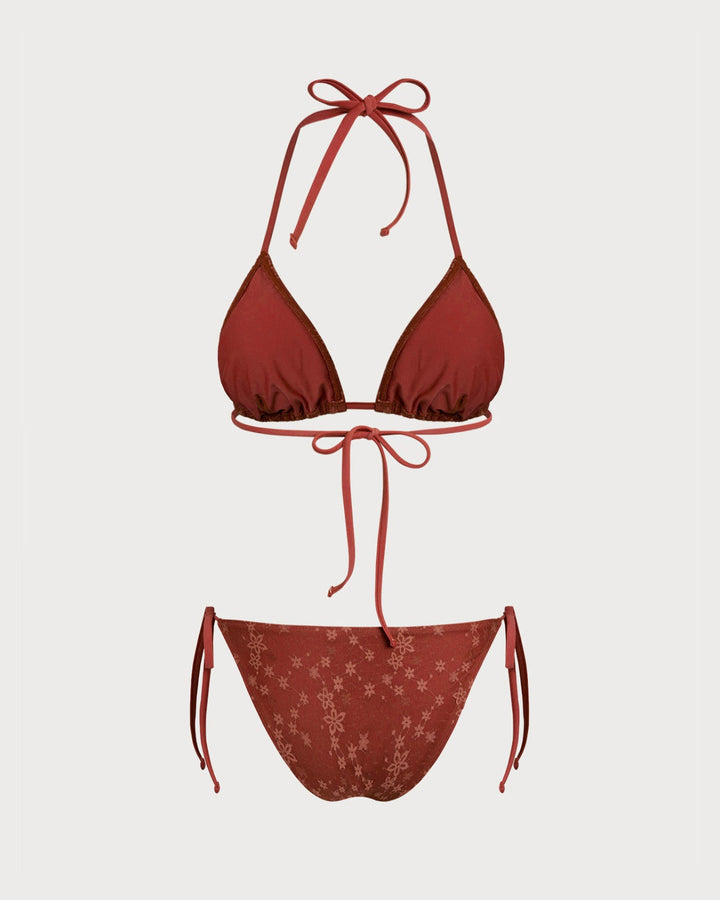 Red Halter Mesh Drawstring Bikini Set