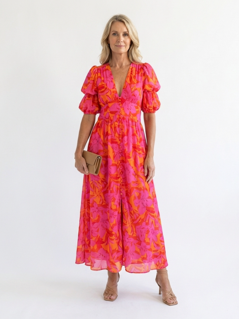 Grace & Annalee™ | Floral V Neck Puff Sleeve Midi Dress