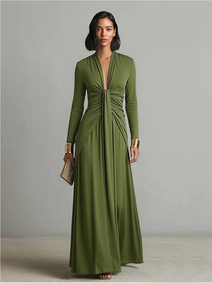 Olive Green Long Dress in Stretch Silk with Deep V-Neck and Ruffled Details, Glamour Maxi Dress