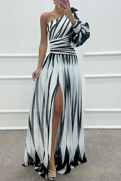 Grace & Annalee™ |Elegant Striped Maxi Dress with One Shoulder