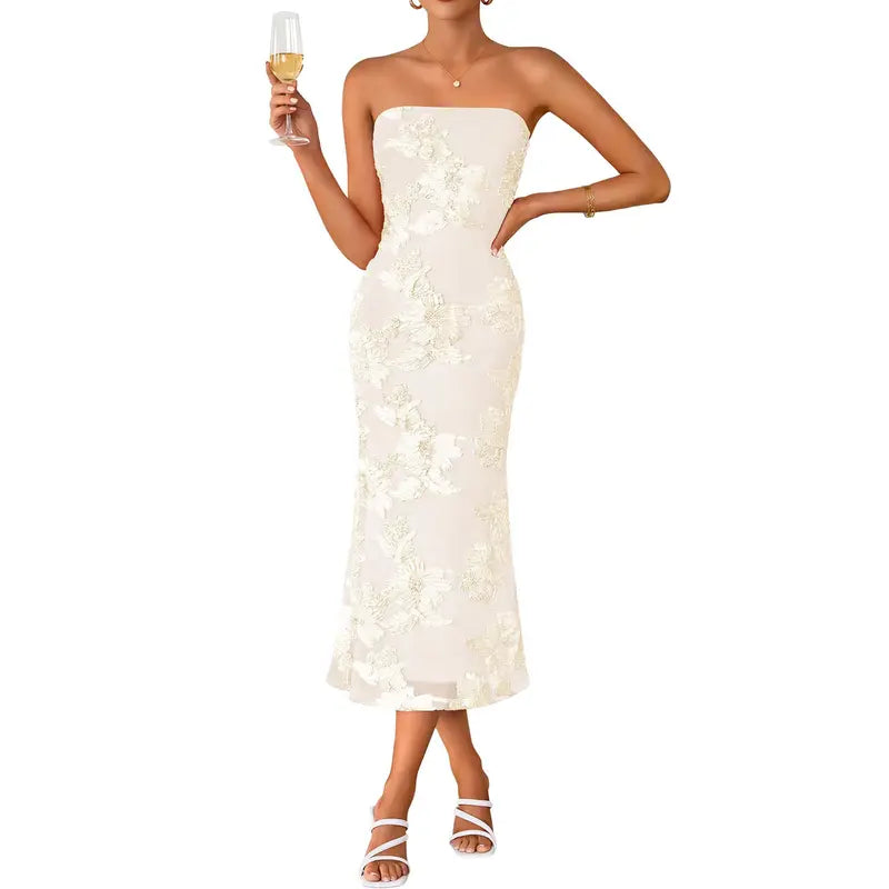 Martina - Summer Strapless Floral Midi Dress