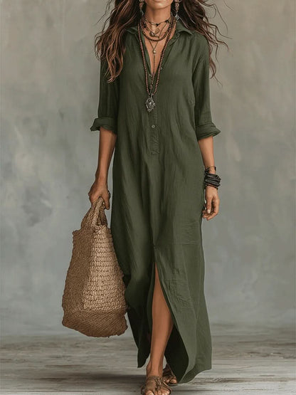 Soline™ | Loose Black Maxi Dress with Buttons