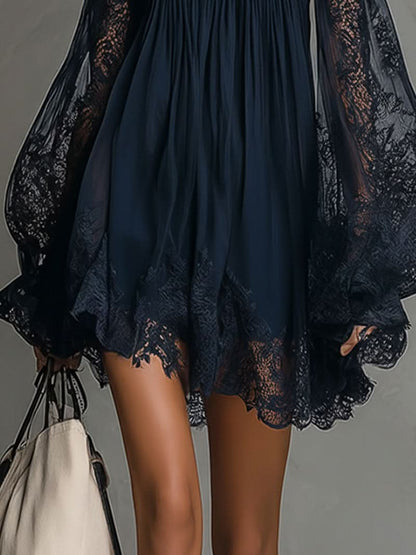 Betty • Navy blue mini dress with off-shoulder neckline, lace trim, and sheer sleeves