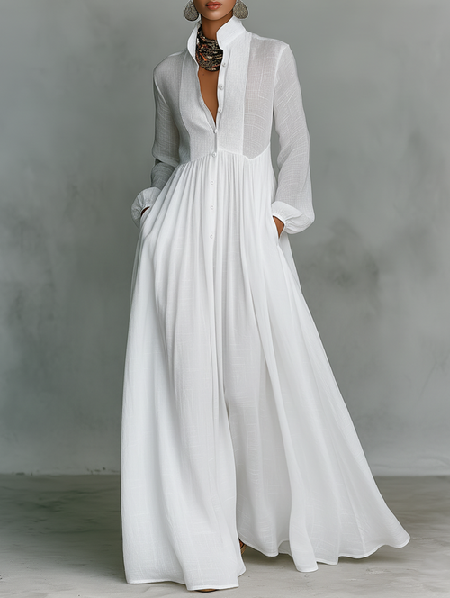 Elisa - Maxi Minimalist Dress with Patchwork, High Collar and Long Sleeves