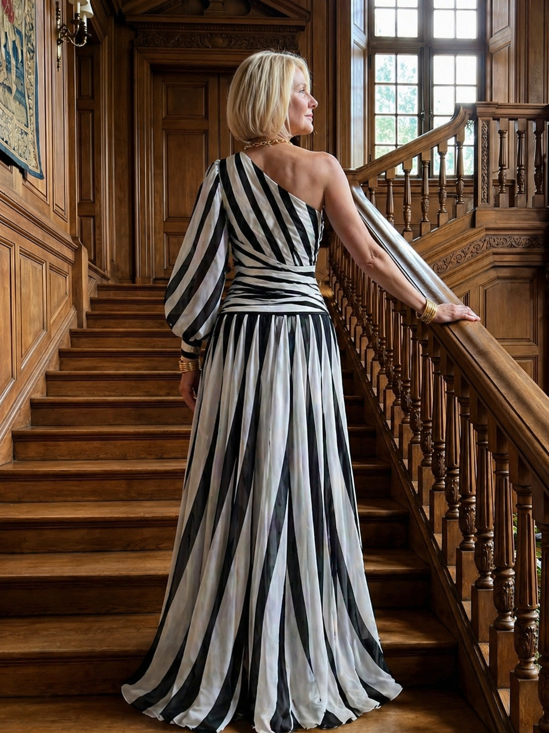 Grace & Annalee™ |Elegant Striped Maxi Dress with One Shoulder