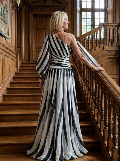 Grace & Annalee™ |Elegant Striped Maxi Dress with One Shoulder