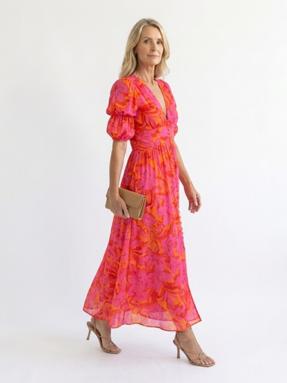 Grace & Annalee™ | Floral V Neck Puff Sleeve Midi Dress
