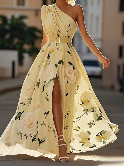 Julie | Light Green Floral One-Shoulder Maxi Dress