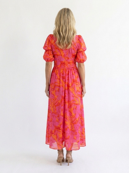 Grace & Annalee™ | Floral V Neck Puff Sleeve Midi Dress
