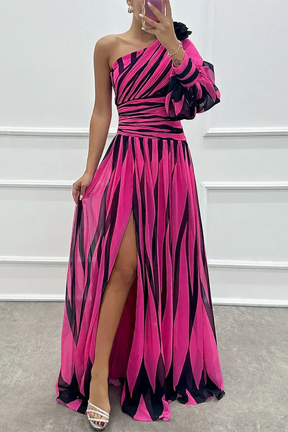 Grace & Annalee™ |Elegant Striped Maxi Dress with One Shoulder