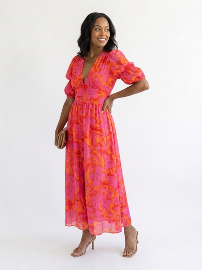 Grace & Annalee™ | Floral V Neck Puff Sleeve Midi Dress