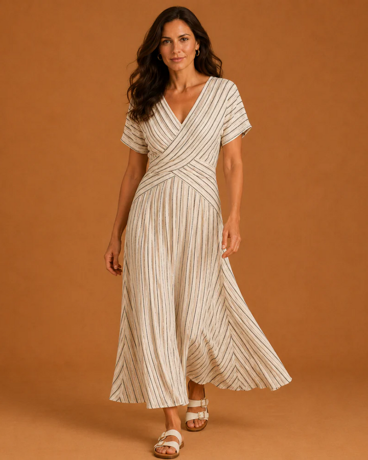 WHITNEY | V Neck Short Sleeve Cross Waist Midi Dress