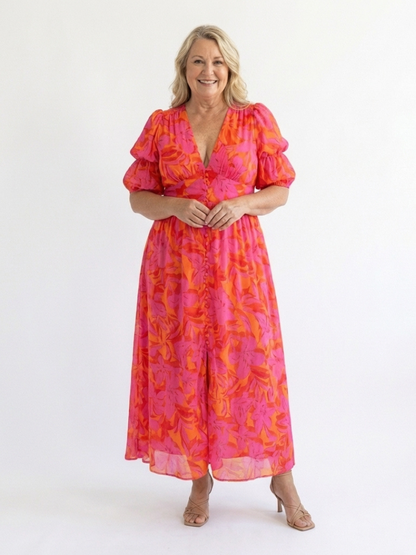 Grace & Annalee™ | Floral V Neck Puff Sleeve Midi Dress