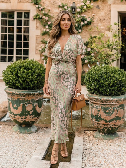 Grace & Annalee™ | Abstract Print V Neck Twist Waist Midi Dress