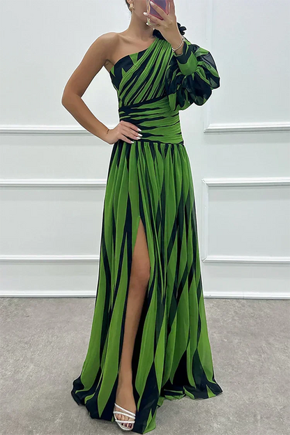 Stella & Grace™ |Elegant Striped Maxi Dress with One Shoulder