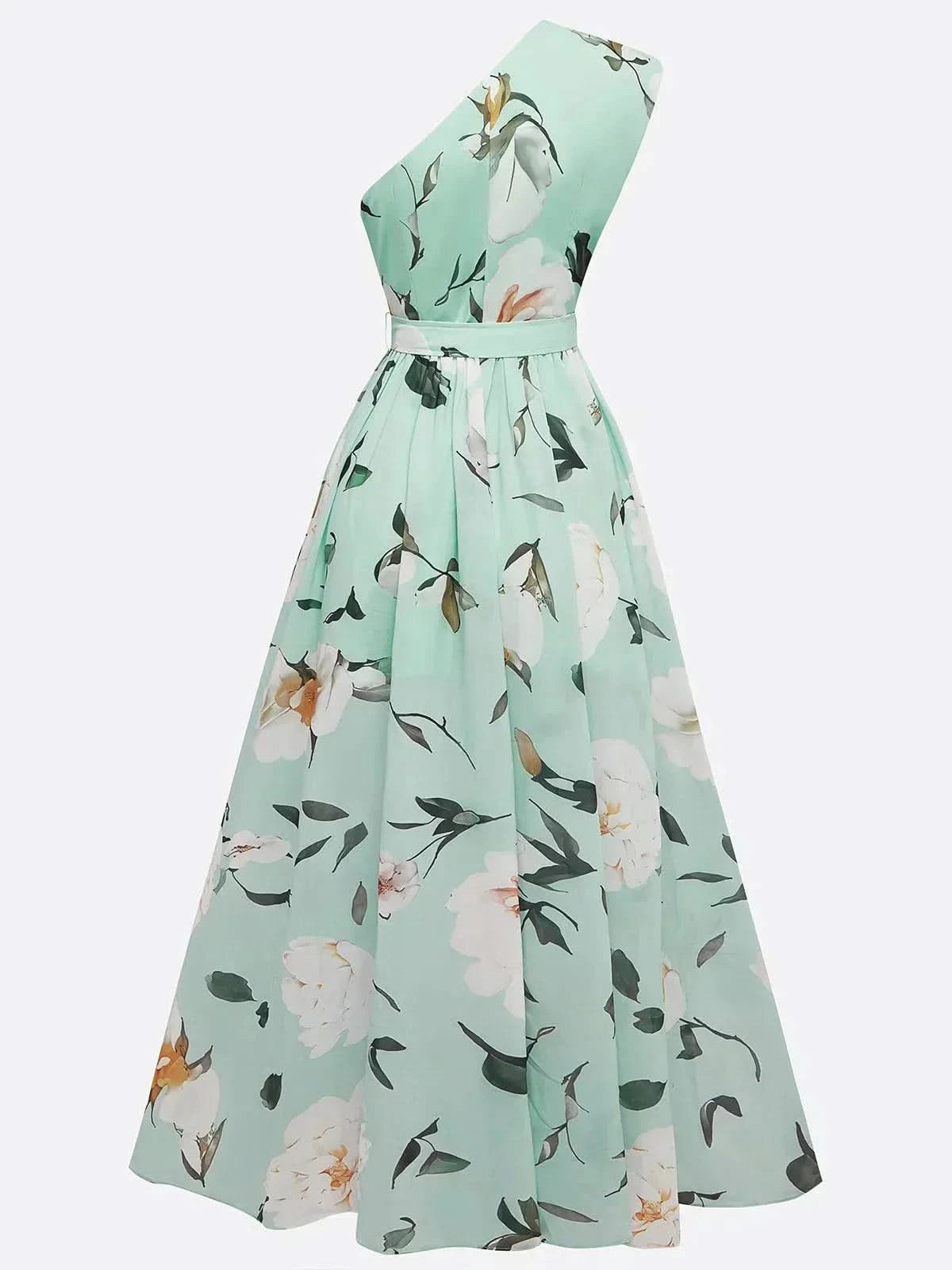 Julie | Light Green Floral One-Shoulder Maxi Dress