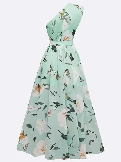 Julie | Light Green Floral One-Shoulder Maxi Dress