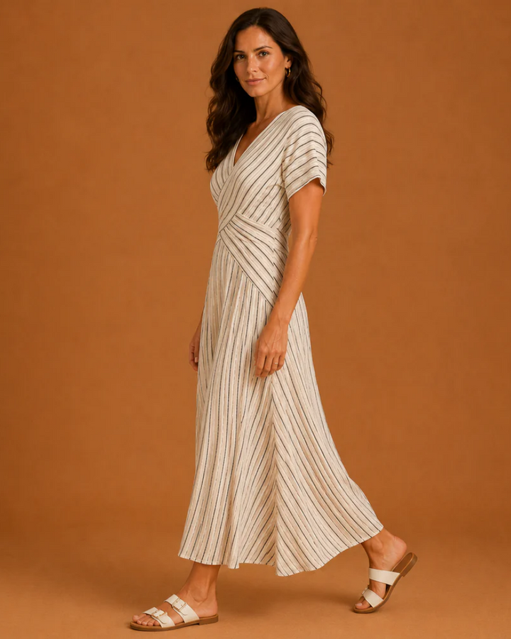 WHITNEY | V Neck Short Sleeve Cross Waist Midi Dress