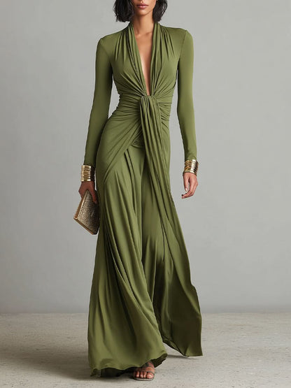Olive Green Long Silk Stretch Dress with Deep V-Neck and Ruffled Details, Glamour Maxi Dress