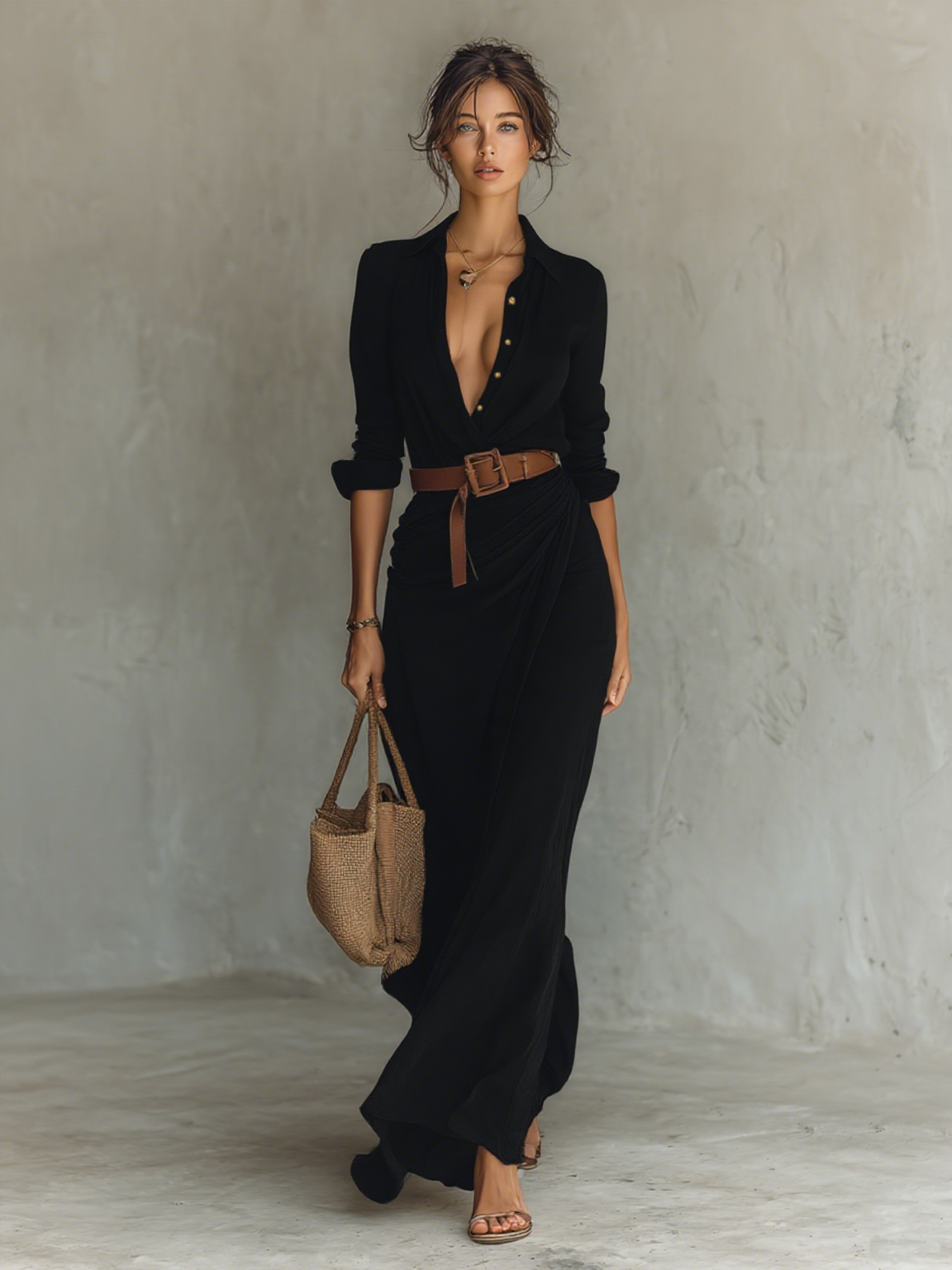 Long Maxi Dress with Notched Collar and Long Sleeves for Women