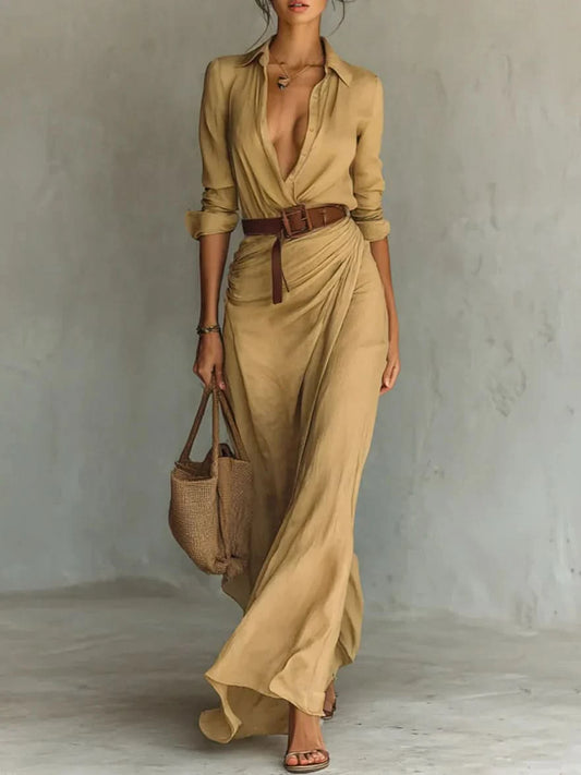 Camille™ | Maxi Dress with Lapels and Waist Belt