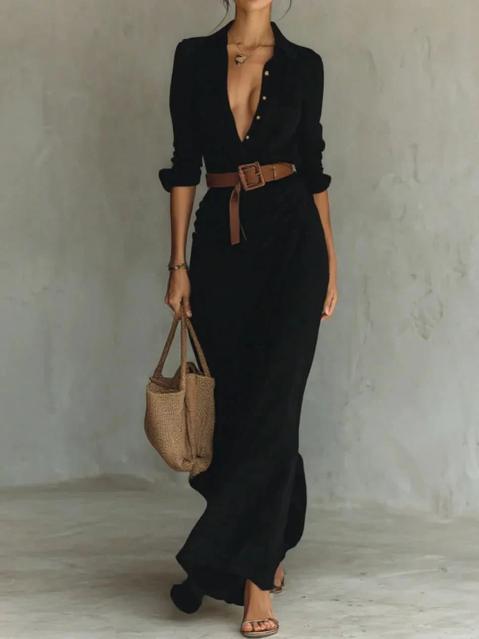Camille™ | Maxi Dress with Lapels and Waist Belt