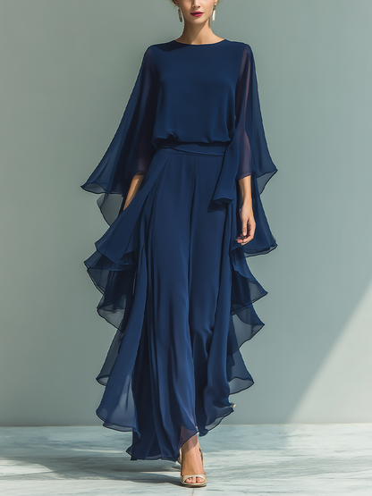 Navy Blue Top Set with Flared Sleeves and Straight-Leg Pants with Ruché Details