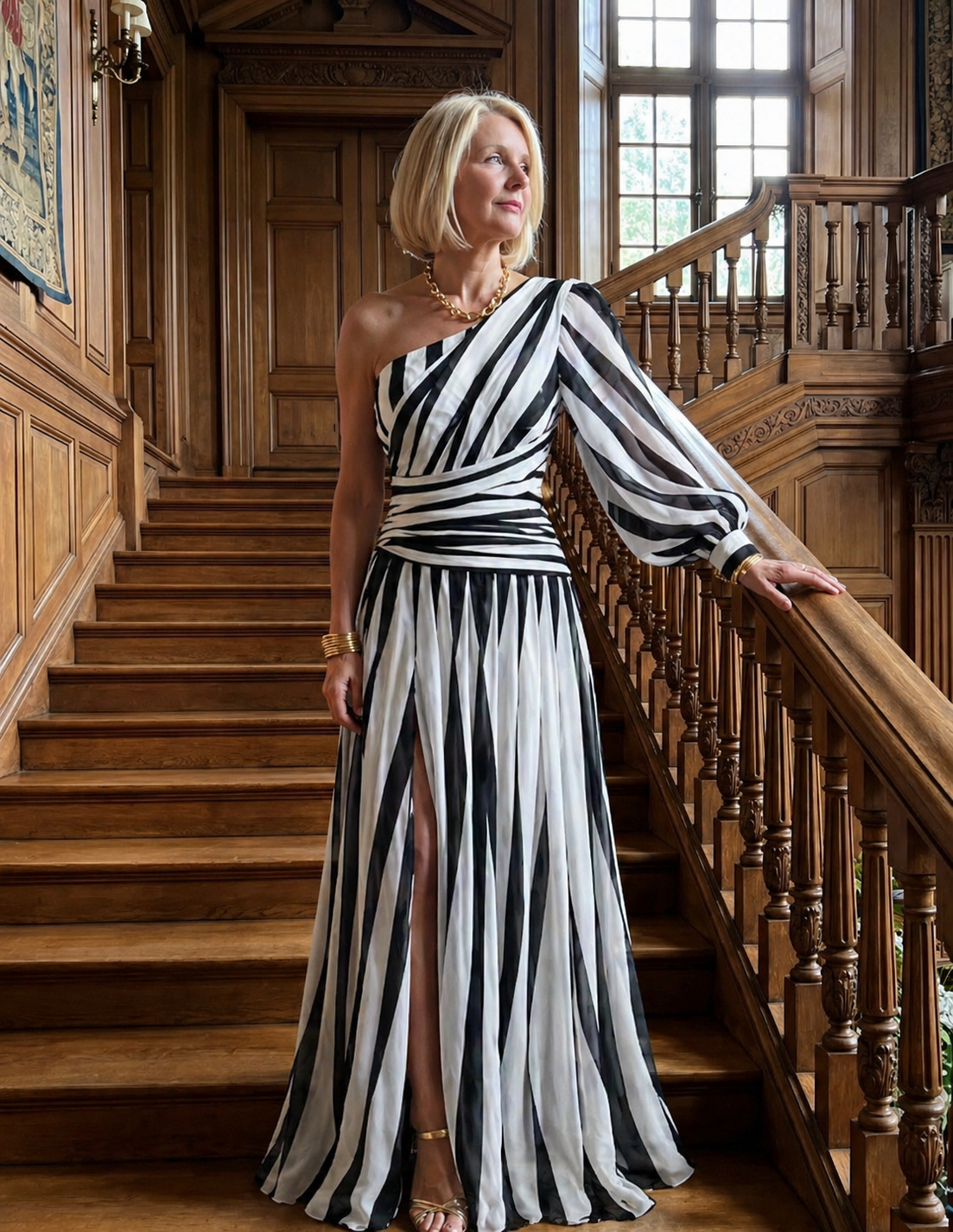 Grace & Annalee™ |Elegant Striped Maxi Dress with One Shoulder