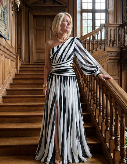 Grace & Annalee™ |Elegant Striped Maxi Dress with One Shoulder