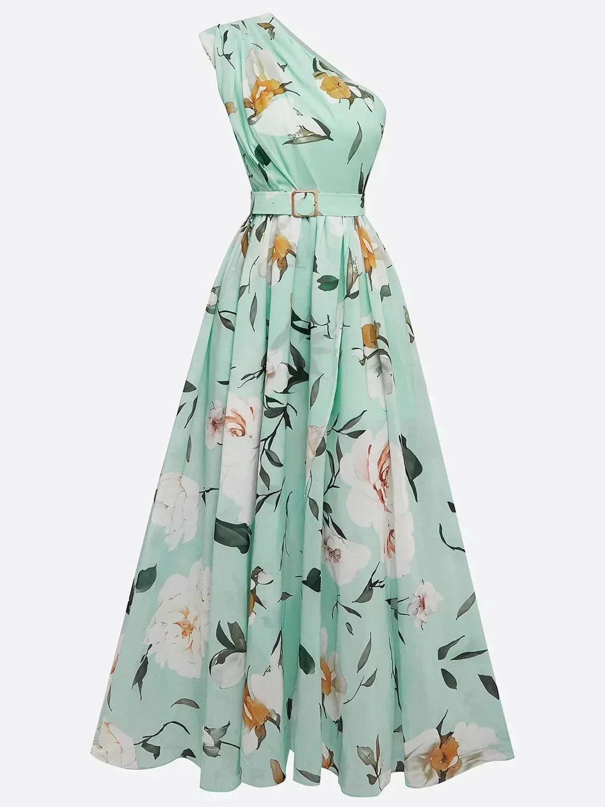 Julie | Light Green Floral One-Shoulder Maxi Dress