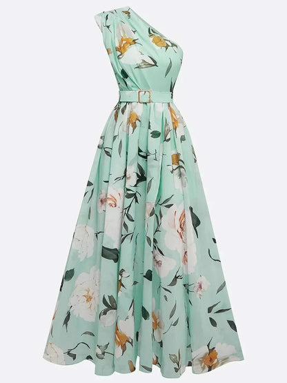 Julie | Light Green Floral One-Shoulder Maxi Dress