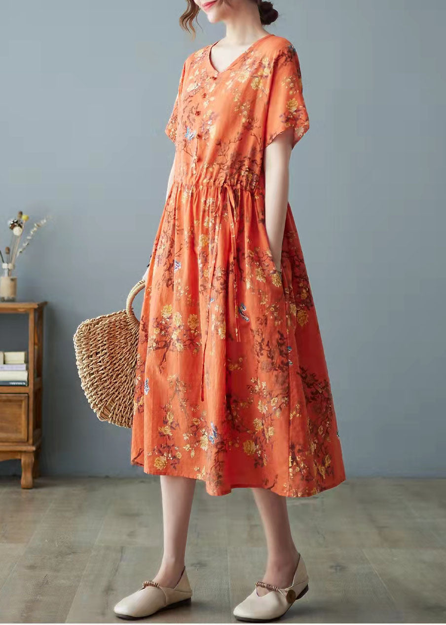 Beautiful Orange Pockets Print O Neck Dress