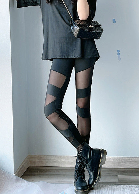 Black Thin Tulle Spliced High Waist Dri Fit Leggings