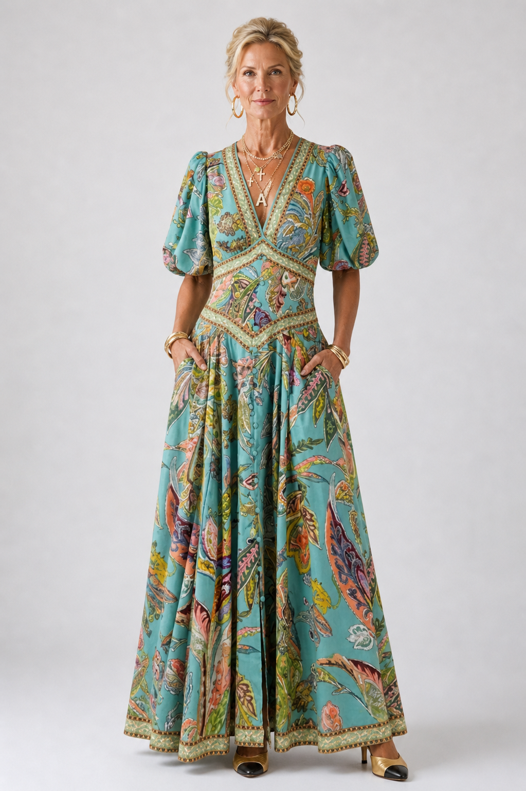 Grace & Annalee™ | Airy maxi dress with puff sleeves and V-neck