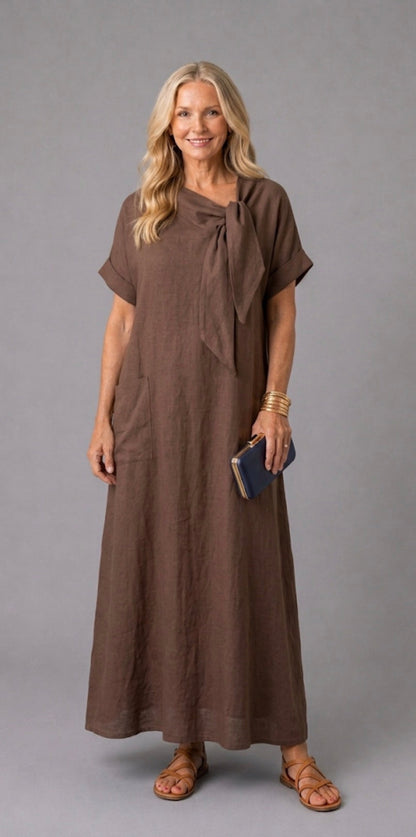 Tivara | Short Sleeve Tie Neck Pocket Midi Dress