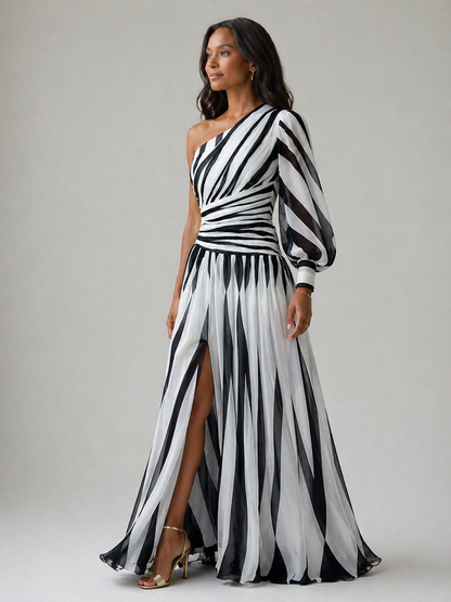 Grace & Annalee™ |Elegant Striped Maxi Dress with One Shoulder
