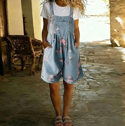 Judy | Vintage Washed Soft Cotton Feel Denim Floral Jumpsuit