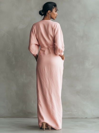 Pink Minimalist Maxi Dress with V-Neck for Women