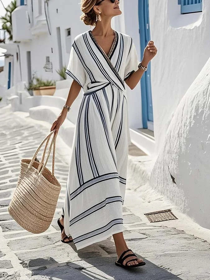 Elegant Striped Twist Front Summer Maxi Dress