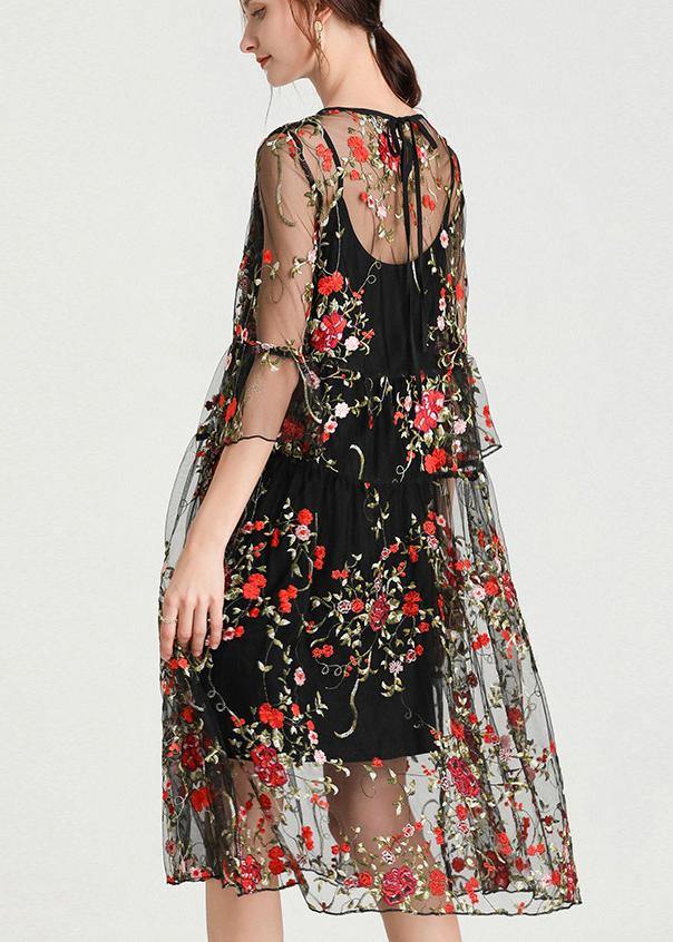 Plus Size Black Embroidery Lace Dress Half Sleeve Women Sets 2 Pieces