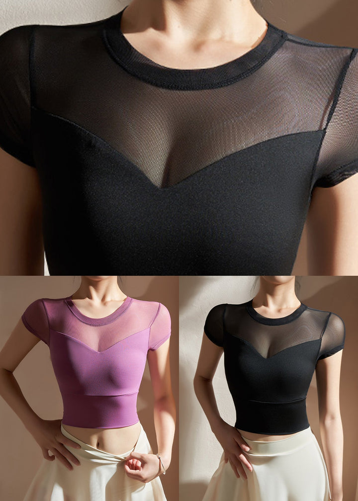 Sexy Black Hollow Out Short Sleeve Tulle Yoga Top