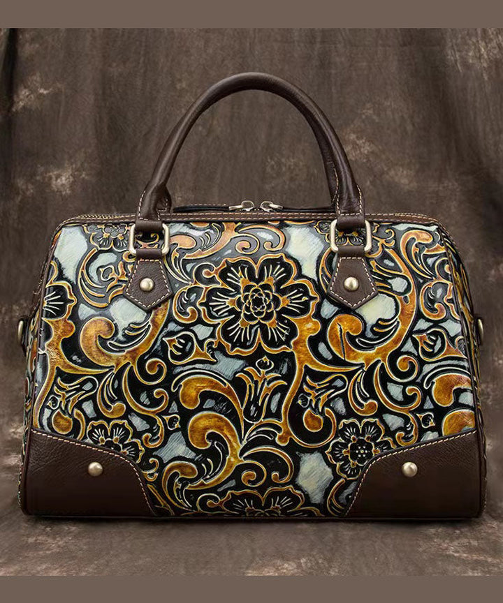 Vintage Green Embossing Paitings Calf Leather Tote Handbag