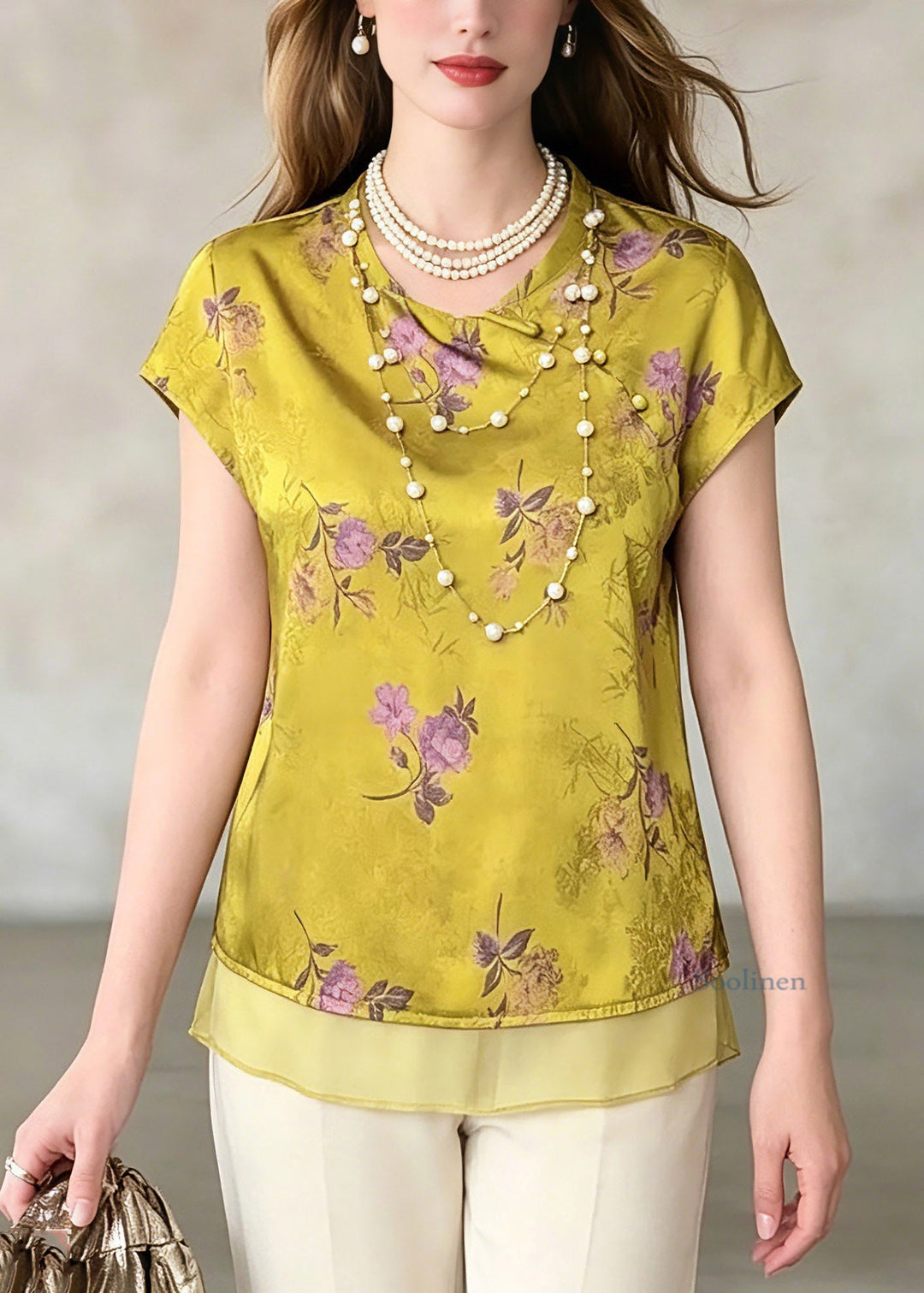 Vintage Green O-Neck Print Chiffo T Shirt Summer